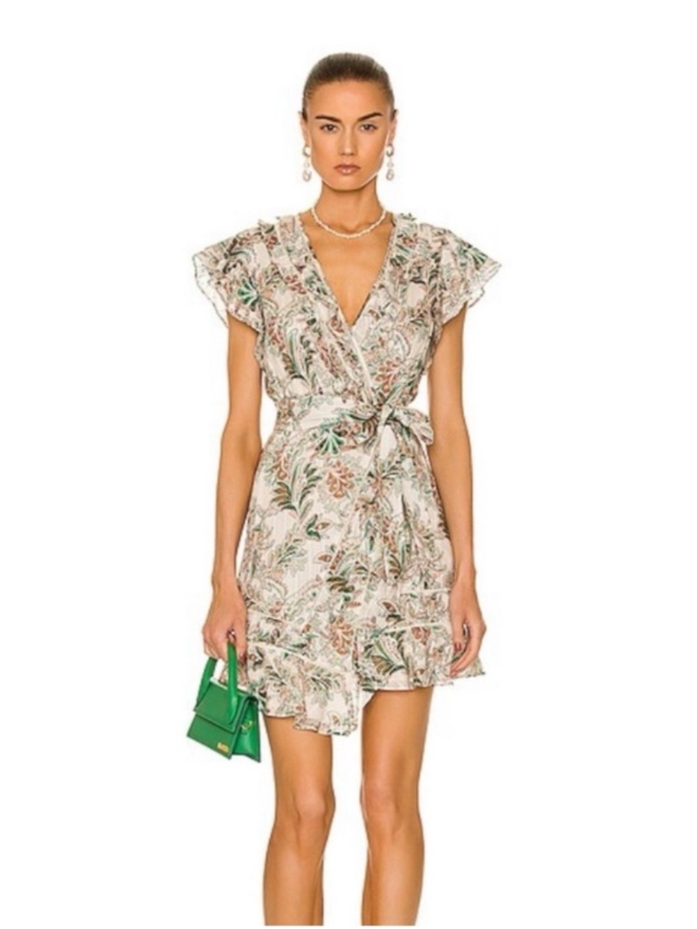 Veronica Beard Cream Paisley Wrap Mini Dress with Green & Brown Accents - Picture 4 of 6